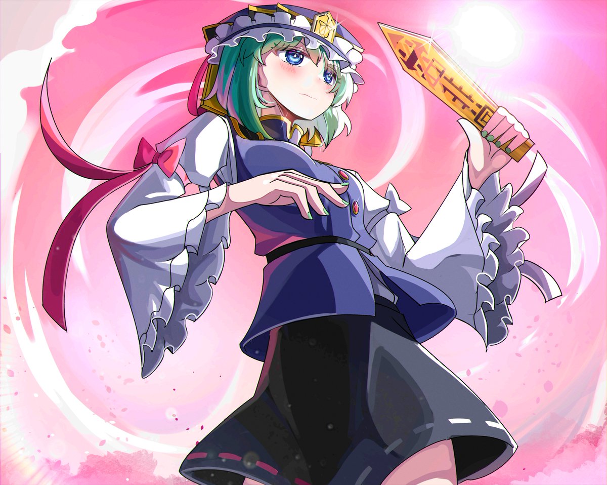 1girl black_skirt blue_eyes blue_headwear blue_vest bright_pupils closed_mouth commentary epaulettes frilled_hat frills green_hair hat holding juliet_sleeves long_sleeves looking_at_viewer outdoors pink_sky puffy_sleeves ribbon-trimmed_skirt ribbon_trim rod_of_remorse shiki_eiki short_hair skirt sky solo spam_(spamham4506) sun touhou vest white_pupils