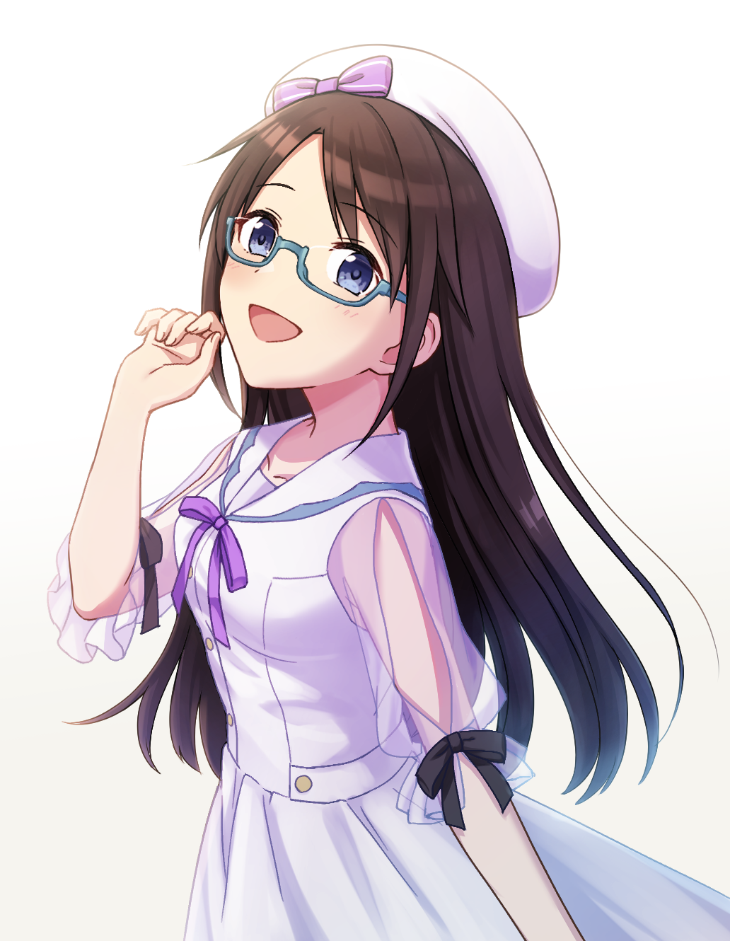 1girl black_hair blue-framed_eyewear blue_eyes blush breasts brown_background collarbone dot_nose dress from_side glasses gradient_background hand_up hat hat_ribbon highres idolmaster idolmaster_shiny_colors long_hair long_sleeves looking_at_viewer mitsumine_yuika neck_ribbon open_mouth purple_ribbon ribbon ribbon-trimmed_sleeves ribbon_trim sailor_collar saka_nanato see-through see-through_sleeves semi-rimless_eyewear simple_background small_breasts smile solo under-rim_eyewear upper_body white_background white_dress white_sailor_collar
