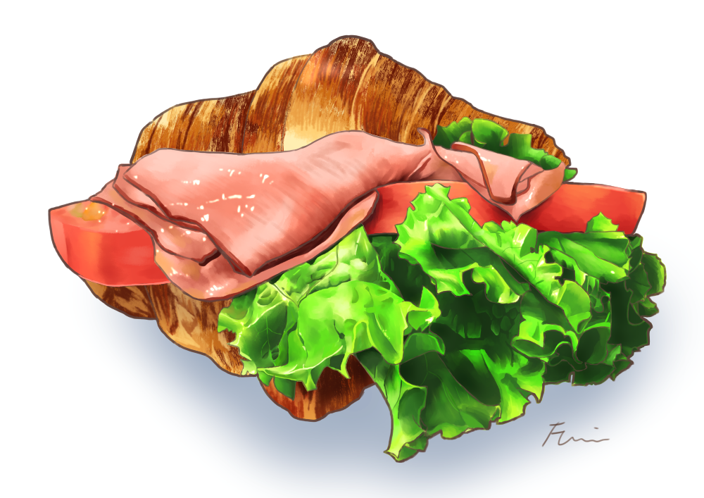 aon968 commentary_request croissant food food_focus ham lettuce meat no_humans original realistic sandwich signature simple_background still_life white_background