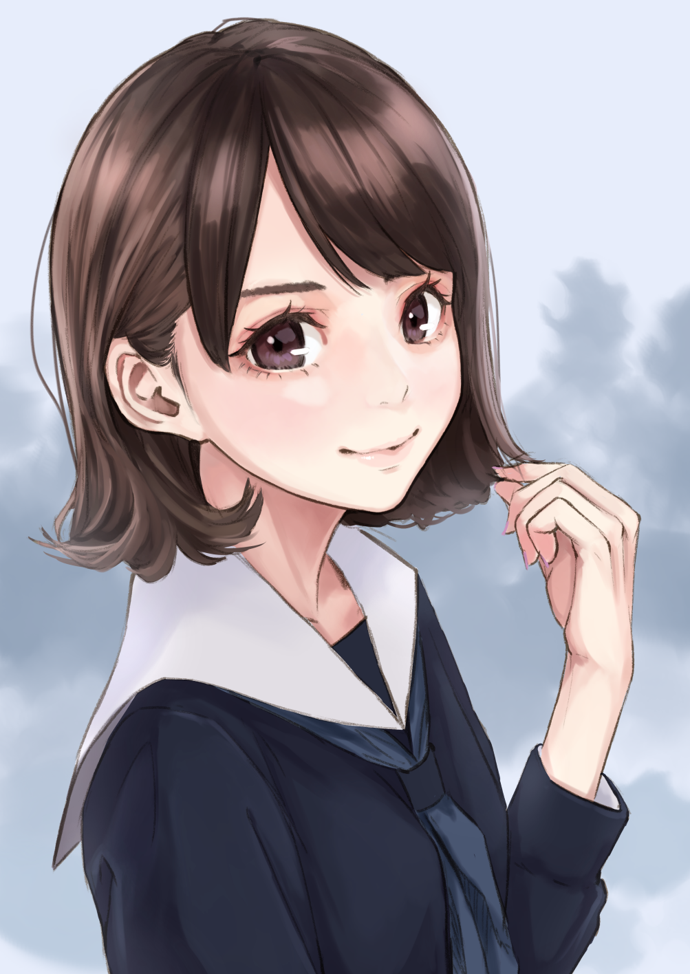 1girl ashiya_hiro black_serafuku black_shirt blue_neckerchief bob_cut breasts brown_eyes brown_hair close-up closed_mouth clouds commentary day dress_shirt eyelashes flipped_hair from_side grey_sky hair_strand hand_up highres light_blush lips long_sleeves looking_at_viewer looking_to_the_side neckerchief original outdoors overcast playing_with_own_hair portrait sailor_collar school_uniform serafuku shirt short_hair sky small_breasts smile solo upper_body white_sailor_collar