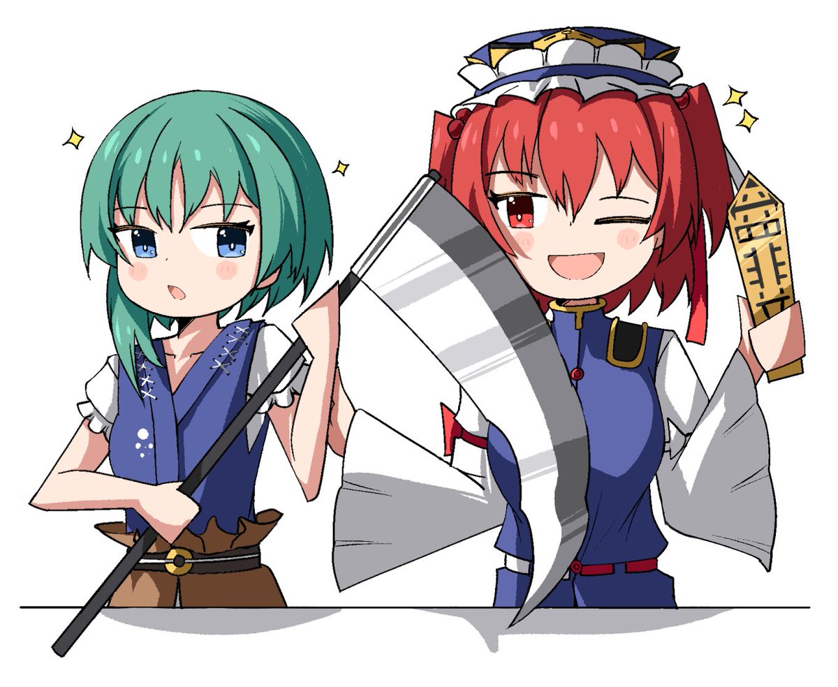 2girls ;d blue_eyes blue_headwear bright_pupils english_commentary epaulettes frilled_hat frills green_eyes hair_bobbles hair_ornament hat holding holding_scythe long_sleeves looking_at_viewer multiple_girls obi one_eye_closed onozuka_komachi open_mouth red_eyes redhead rod_of_remorse sash scythe shiki_eiki simple_background smile spam_(spamham4506) touhou two_side_up upper_body white_background white_pupils wide_sleeves