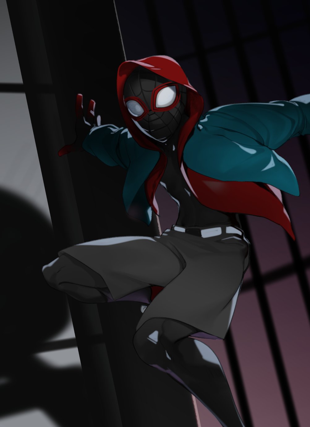 1boy akisa_yositake aqua_hoodie bodysuit bodysuit_under_clothes highres hood hooded_bodysuit hooded_jacket hoodie jacket long_sleeves looking_at_viewer male_focus marvel miles_morales red_hoodie spider-man:_into_the_spider-verse spider-man_(miles_morales) spider-man_(series) spider_web_print superhero