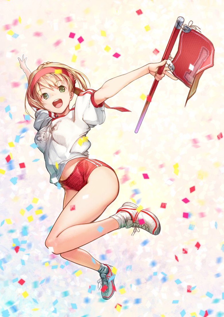 1girl :d akisa_yositake bare_legs blonde_hair buruma confetti fate/grand_order fate_(series) flag full_body green_eyes gym_uniform hairband holding holding_flag legs looking_at_viewer name_tag nero_claudius_(fate) nero_claudius_(olympian_bloomers)_(fate) official_alternate_costume open_mouth outstretched_arms puffy_short_sleeves puffy_sleeves red_buruma shirt shoes short_sleeves sidelocks smile sneakers socks solo t-shirt teeth thighs white_shirt white_socks