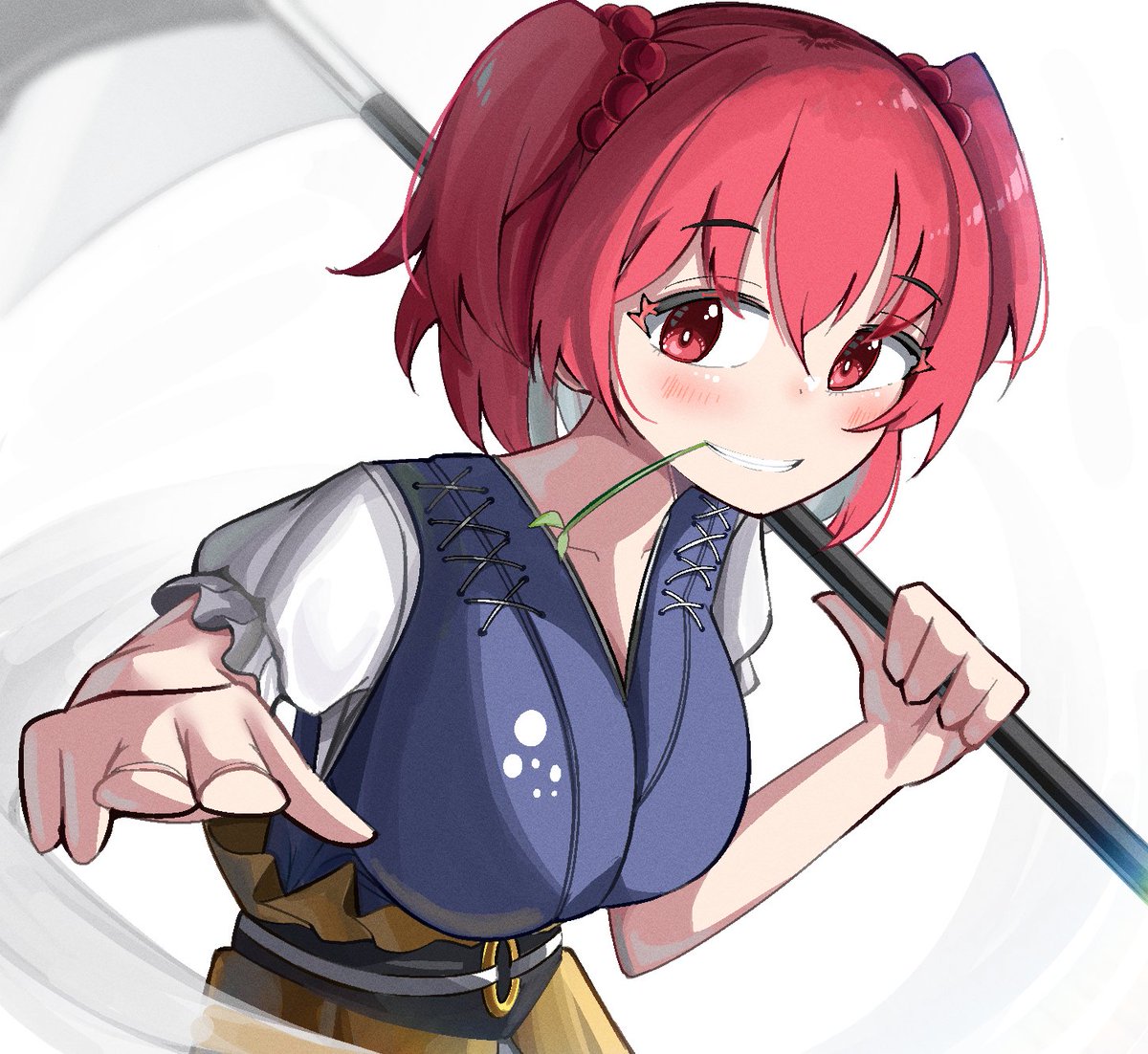 1girl breasts bright_pupils commentary flower_in_mouth hair_bobbles hair_ornament holding holding_scythe looking_at_viewer onozuka_komachi red_eyes redhead scythe short_sleeves simple_background smile solo spam_(spamham4506) touhou two_side_up upper_body white_background white_pupils