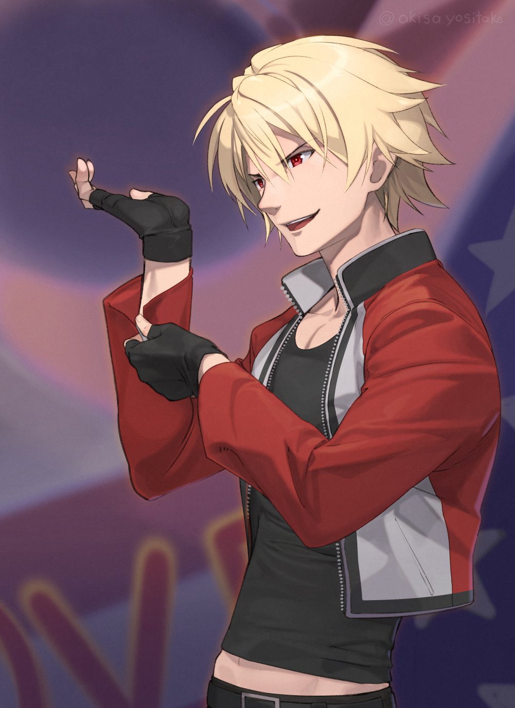 1boy akisa_yositake black_gloves blonde_hair fatal_fury fingerless_gloves garou:_mark_of_the_wolves gloves highres jacket long_sleeves looking_to_the_side male_focus open_mouth red_eyes red_jacket rock_howard short_hair smile the_king_of_fighters
