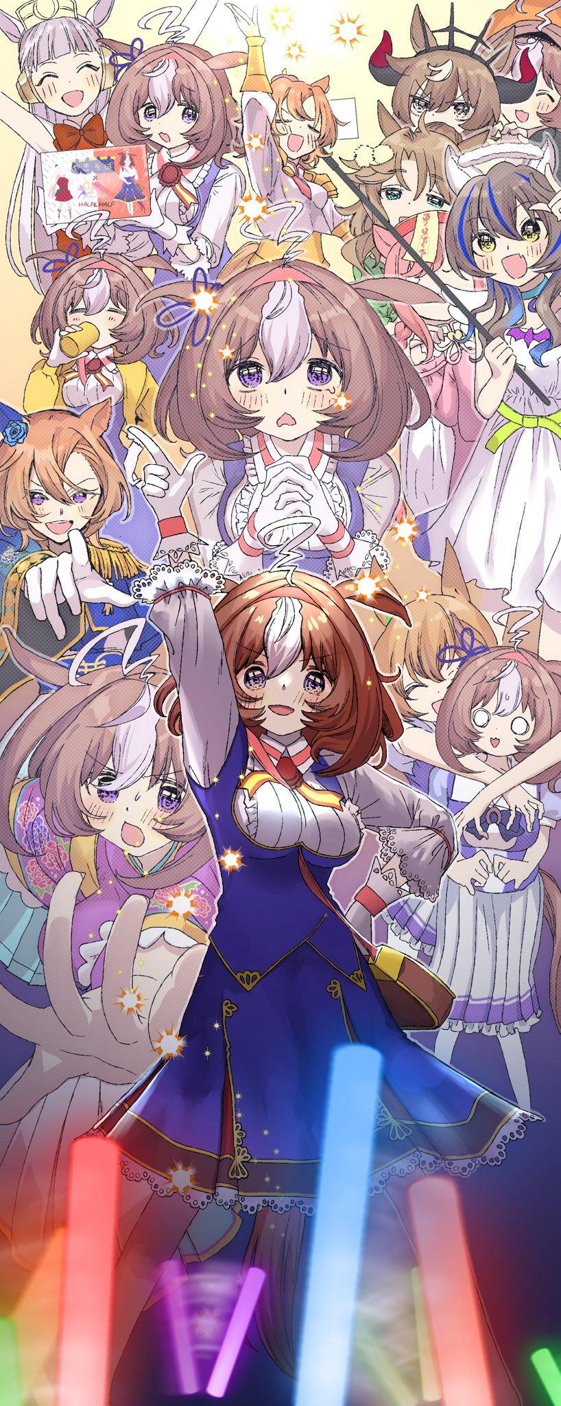 6+girls ^_^ agnes_digital_(lovely_jiangshi)_(umamusume) agnes_digital_(umamusume) ahoge animal_ears arms_up bag belt between_breasts blue_jacket blue_skirt blue_vest blush bow bowtie breasts brown_hair closed_eyes collared_shirt cup daitaku_helios_(sunshine_angel)_(umamusume) daitaku_helios_(umamusume) dress drinking epaulettes ffr_new gloves glowstick gold_ship_(umamusume) grey_hair hairband halo hat highres holding holding_cup horns horse_ears horse_girl horse_tail hug hug_from_behind jacket japanese_clothes kimono long_hair long_sleeves looking_at_viewer medium_breasts medium_hair meisho_doto_(dot-o'-lantern)_(umamusume) meisho_doto_(padding_sores_should_she_go_flying)_(umamusume) meisho_doto_(umamusume) mejiro_palmer_(umamusume) multicolored_hair multiple_girls o_o ofuda open_mouth orange_hair outstretched_arms own_hands_together pink_kimono pointing pointing_at_viewer purple_shirt reaching_towards_viewer school_uniform selfie selfie_stick shinko_windy_(burst_out!_the_demon_king's_army_of_terror)_(umamusume) shinko_windy_(umamusume) shirt short_hair shoulder_bag skirt smile solo_focus sparkle strap_between_breasts streaked_hair t.m._opera_o_(blue_dazzle)_(umamusume) t.m._opera_o_(umamusume) taiki_shuttle_(umamusume) tail tearing_up tracen_school_uniform umamusume vest violet_eyes white_dress white_gloves white_shirt white_skirt