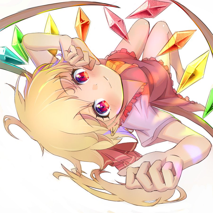 1girl ascot barefoot blonde_hair blush breasts closed_mouth crystal dress flandre_scarlet frilled_shirt_collar frills knees_up looking_at_viewer lying no_headwear on_back petticoat pink_dress pointy_ears red_dress red_eyes shiroi_karasu short_hair short_sleeves simple_background small_breasts smile solo touhou upside-down white_background wings yellow_ascot
