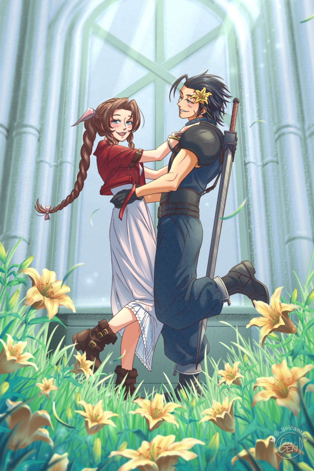 1boy 1girl aerith_gainsborough armor black_gloves black_hair blue_eyes blush boots bracelet braid braided_ponytail brown_hair buster_sword couple crisis_core_final_fantasy_vii cropped_jacket cross_scar dress english_commentary final_fantasy final_fantasy_vii final_fantasy_vii_remake flower from_side gen_(gala_itazura) gloves grass green_eyes hair_flower hair_ornament hair_ribbon hands_on_another's_shoulders hands_on_another's_waist happy hetero highres indoors jacket jewelry long_hair looking_at_another looking_at_viewer parted_bangs pink_ribbon red_jacket ribbon scar scar_on_cheek scar_on_face shoulder_armor sidelocks smile spiky_hair standing standing_on_one_leg weapon weapon_on_back yellow_flower zack_fair