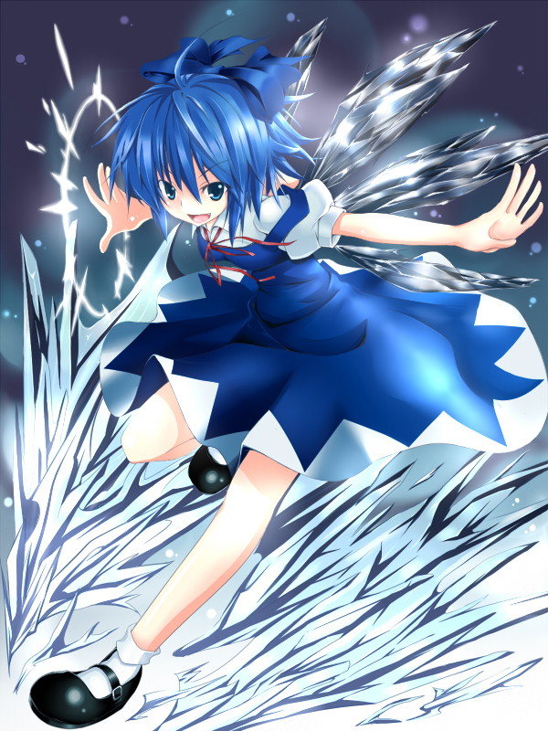1girl ahoge black_footwear blue_bow blue_dress blue_eyes blue_hair bow breasts cirno collared_shirt commentary_request dress fang full_body hair_between_eyes hair_bow ice ice_wings long_bangs looking_at_viewer mary_janes maso_(artist) neck_ribbon open_mouth pinafore_dress puffy_short_sleeves puffy_sleeves red_ribbon ribbon shirt shoes short_hair short_sleeves sleeveless sleeveless_dress small_breasts smile socks solo touhou v-shaped_eyebrows white_shirt white_socks wings