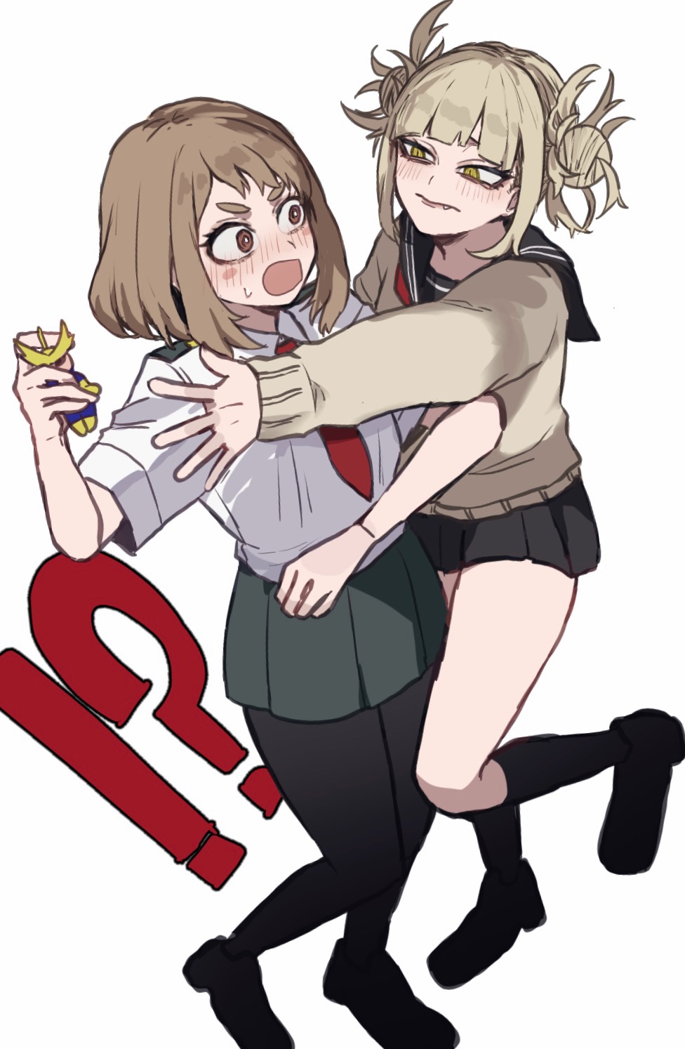 !? 2girls all_might ametaro_(ixxxzu) black_pantyhose black_skirt blonde_hair blue_sailor_collar blush boku_no_hero_academia brown_eyes brown_hair cardigan character_doll collared_shirt doll double_bun fang green_skirt hair_bun highres holding holding_doll kneehighs medium_hair multiple_girls narrowed_eyes neckerchief necktie open_mouth pantyhose pleated_skirt red_neckerchief red_necktie sailor_collar school_uniform serafuku shirt sidelocks simple_background skirt socks toga_himiko u.a._school_uniform uraraka_ochako white_background white_shirt yellow_eyes