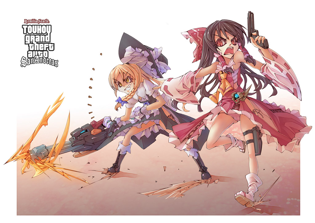 blonde_hair bow braid brown_hair casing_ejection detached_sleeves firing g.haruka grand_theft_auto gun hair_bow hakurei_reimu handgun hat holster kirisame_marisa long_hair multiple_girls muzzle_flash panties pantyshot pistol rapid-fire red_eyes shell_casing thigh_holster thigh_strap touhou underwear weapon witch_hat yellow_eyes