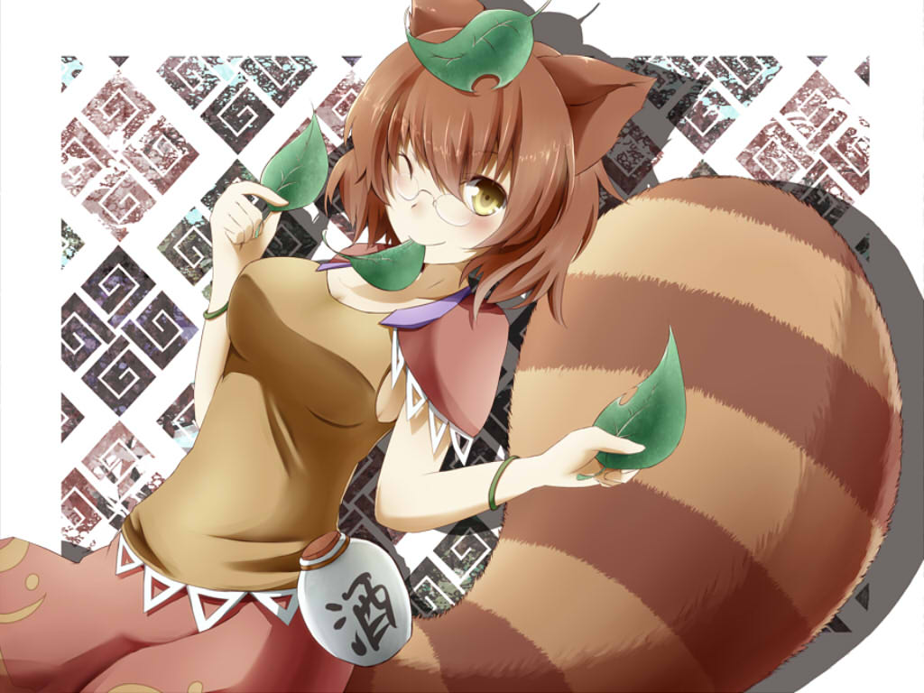 1girl ;) akinoemo animal_ears blush brown_hair brown_shirt closed_mouth dutch_angle futatsuiwa_mamizou glasses hair_between_eyes hair_ornament holding holding_leaf leaf leaf_on_head looking_at_viewer mouth_hold non-web_source one_eye_closed pince-nez raccoon_ears raccoon_girl raccoon_tail red_skirt shirt short_hair short_sleeves skirt smile solo tail touhou yellow_eyes