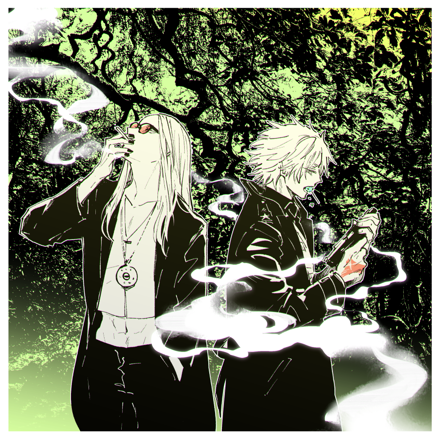 2boys black_jacket black_nails blonde_hair candy cigarette command_spell daybit_sem_void fate/grand_order fate_(series) food gun holding holding_gun holding_weapon jacket jewelry jungle lollipop long_hair looking_to_the_side looking_up male_focus medallion midriff multiple_boys nature navel necklace nobicco open_clothes open_jacket orange-tinted_eyewear profile shirt short_hair smoke smoking sunglasses tezcatlipoca_(fate) tinted_eyewear trench_coat weapon white_shirt