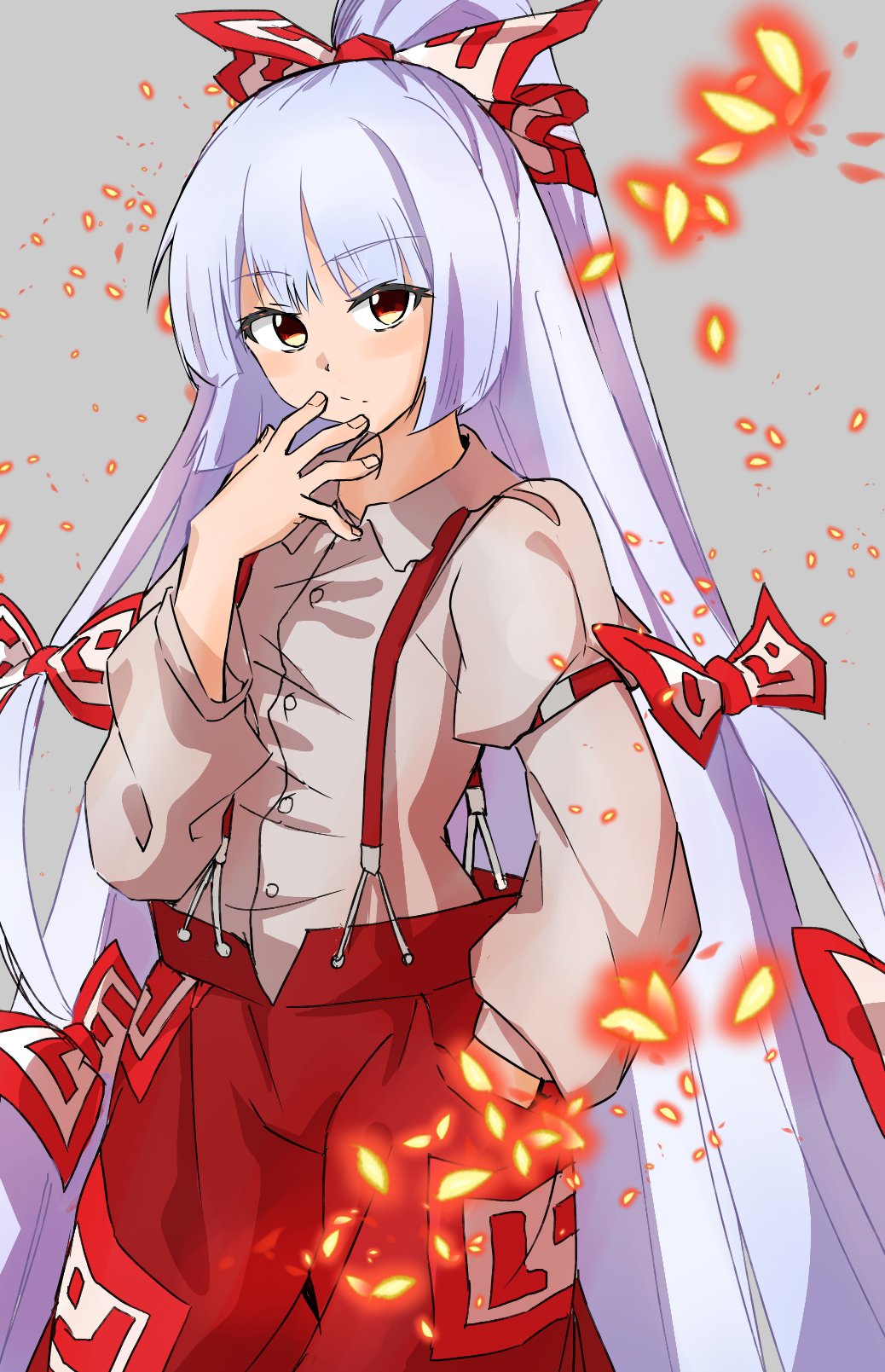 1girl bow closed_mouth fire fujiwara_no_mokou grey_background hair_bow hand_in_pocket highres juliet_sleeves long_hair long_sleeves looking_at_viewer ofuda ofuda_on_clothes pants puffy_sleeves red_eyes red_pants shinmon_akika simple_background solo suspenders touhou very_long_hair white_hair