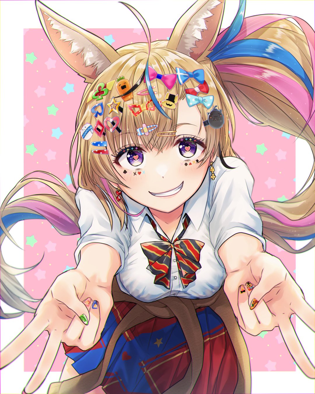 1girl ahoge animal_ear_fluff animal_ears biten blonde_hair blue_hair blue_nails blue_skirt border bow bowtie breasts brown_cardigan cardigan clothes_around_waist collared_shirt commentary cowboy_shot diagonal-striped_bowtie double_v dress_shirt earrings facial_mark floating_hair fox_ears fox_girl green_nails grin hair_bow hair_ornament hairclip heart heart-shaped_pupils highres hololive jewelry long_hair looking_at_viewer medium_breasts miniskirt multicolored_hair multicolored_nails multiple_hair_bows multiple_hairpins nail_art nail_polish official_alternate_costume official_alternate_hairstyle omaru_polka omaru_polka_(4th_costume) orange_nails outside_border outstretched_arms pink_background pink_hair pink_nails pleated_skirt reaching_towards_viewer red_skirt school_uniform shirt side_ponytail simple_background skirt smile solo streaked_hair sweater sweater_around_waist symbol-shaped_pupils teeth two-tone_skirt v violet_eyes virtual_youtuber white_border white_shirt