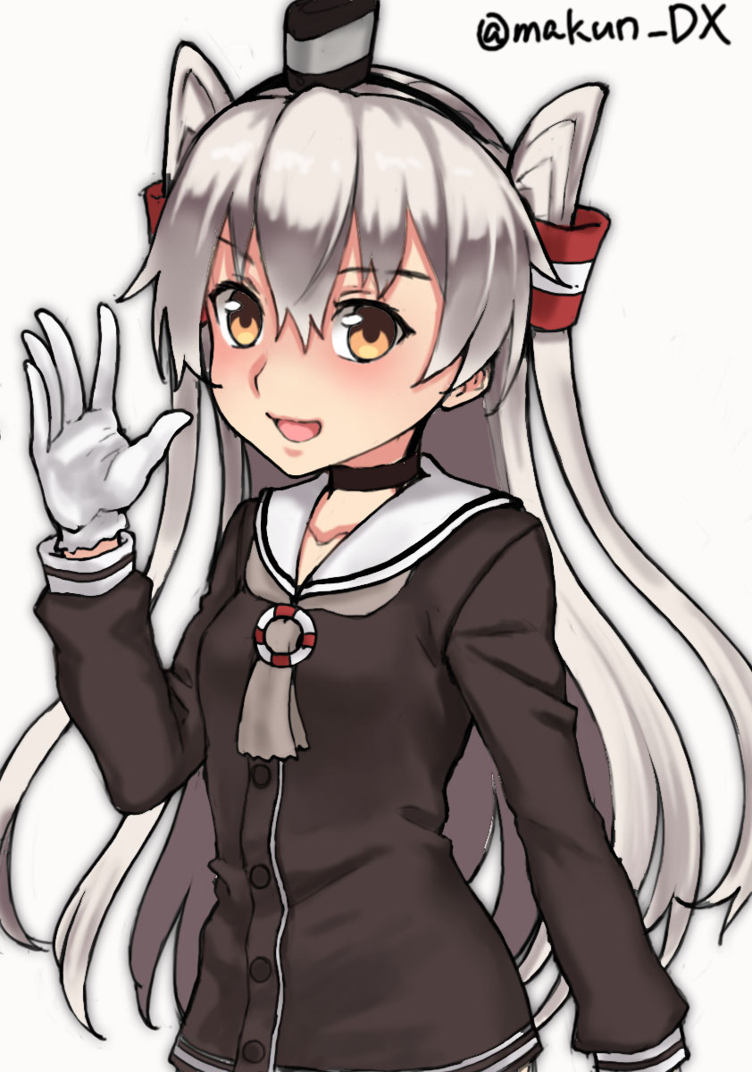 1girl amatsukaze_(kancolle) brown_dress brown_eyes choker cowboy_shot dress gloves grey_hair grey_neckerchief hair_tubes hat highres kantai_collection lifebuoy_ornament long_hair looking_at_viewer maakun_(makun_dx) mini_hat neckerchief one-hour_drawing_challenge sailor_collar sailor_dress short_dress simple_background smokestack_hair_ornament solo twitter_username two_side_up white_background white_gloves white_sailor_collar