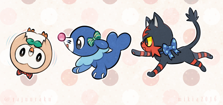 black_eyes blue_bow bow bright_pupils commentary green_bow litten no_humans pokemon pokemon_(creature) polka_dot polka_dot_background polka_dot_bow popplio rowlet starter_pokemon_trio striped striped_bow watermark white_pupils yajuuraku