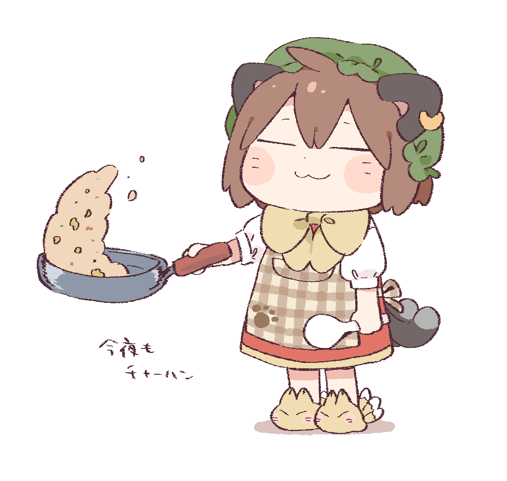 1girl :3 animal_ears apron blush_stickers bow bowtie brown_bow brown_bowtie brown_hair cat_ears cat_tail chen chibi citrus_(place) closed_eyes dress food full_body hat holding holding_pan holding_spoon mob_cap multiple_tails nekomata omelet paw_print plaid plaid_apron red_dress short_hair simple_background slippers solo spoon tail touhou two_tails white_background yakumo_ran yakumo_ran_(fox)