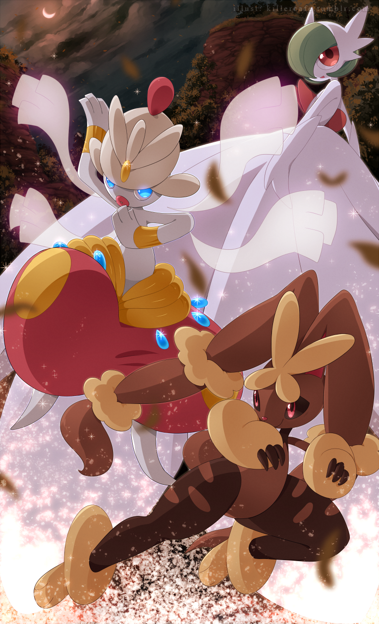 black_sclera blue_eyes closed_mouth clouds colored_sclera commentary_request crescent gardevoir glowing glowing_eyes highres lopunny medicham mega_gardevoir mega_lopunny mega_medicham mega_pokemon night outdoors pink_eyes pokemon pokemon_(creature) red_eyes sky smile sparkle watermark yajuuraku