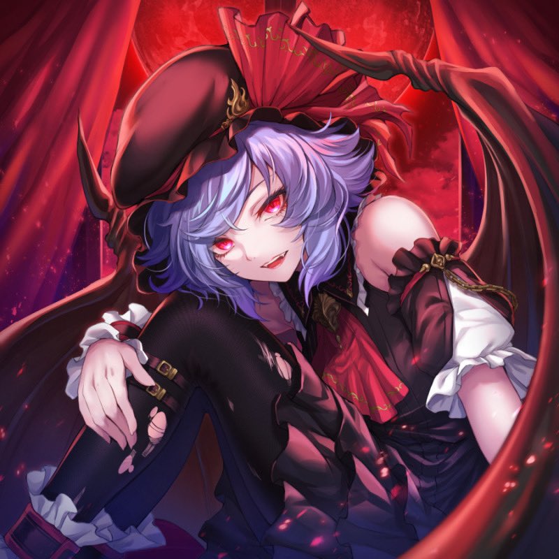 1girl alternate_color bare_shoulders bat_wings black_headwear commentary_request hat hat_ribbon knees_up looking_at_viewer mob_cap purple_hair re_(re_09) red_eyes red_ribbon remilia_scarlet ribbon short_hair solo teeth touhou upper_teeth_only wings