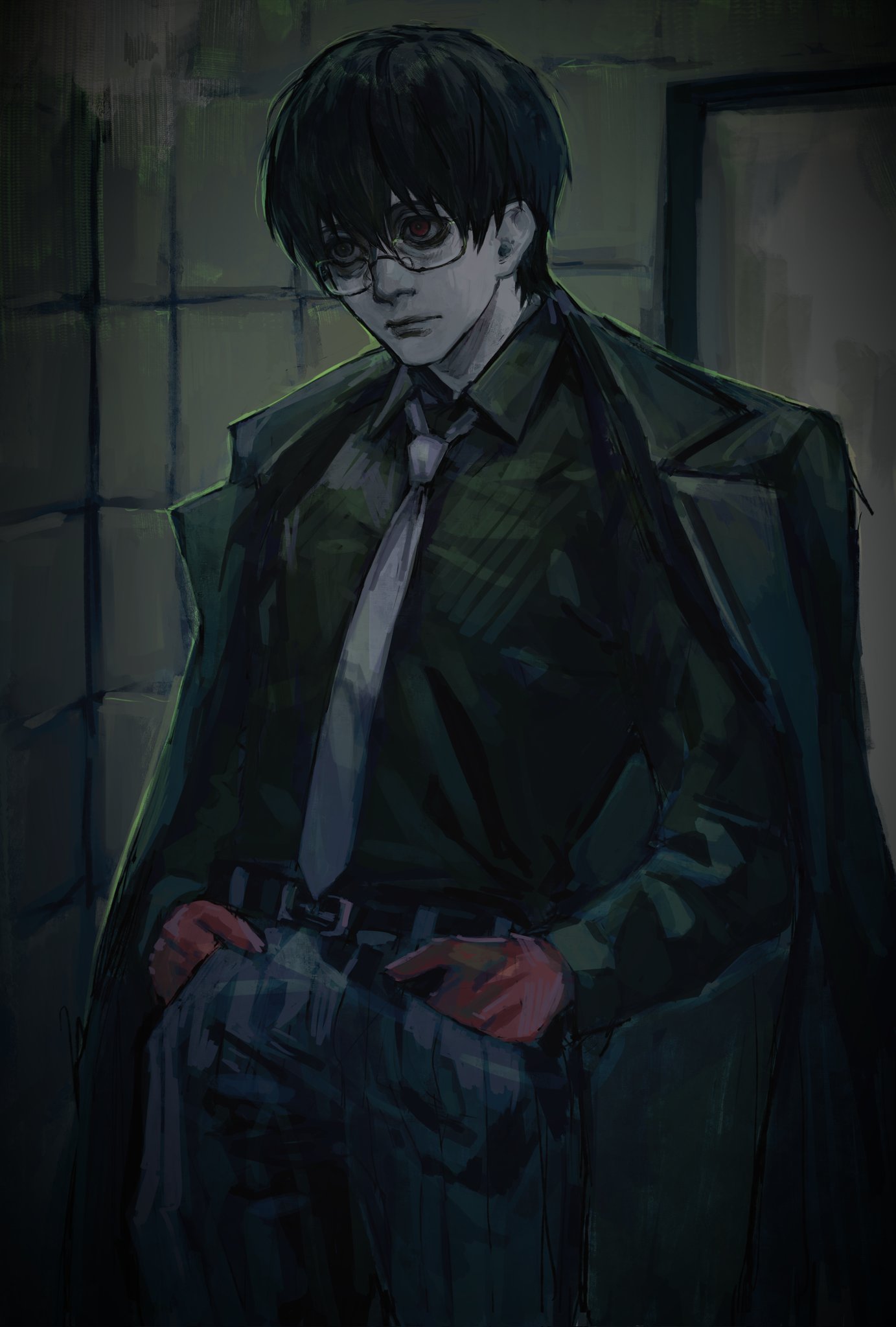 1boy black_hair black_shirt closed_mouth cowboy_shot crurry_(trenos_x) glasses gloves grey_necktie grey_pants hands_in_pockets highres jacket jacket_on_shoulders kaneki_ken long_sleeves male_focus necktie pants red_gloves shirt short_hair solo standing striped striped_pants tile_wall tiles tokyo_ghoul tokyo_ghoul:re