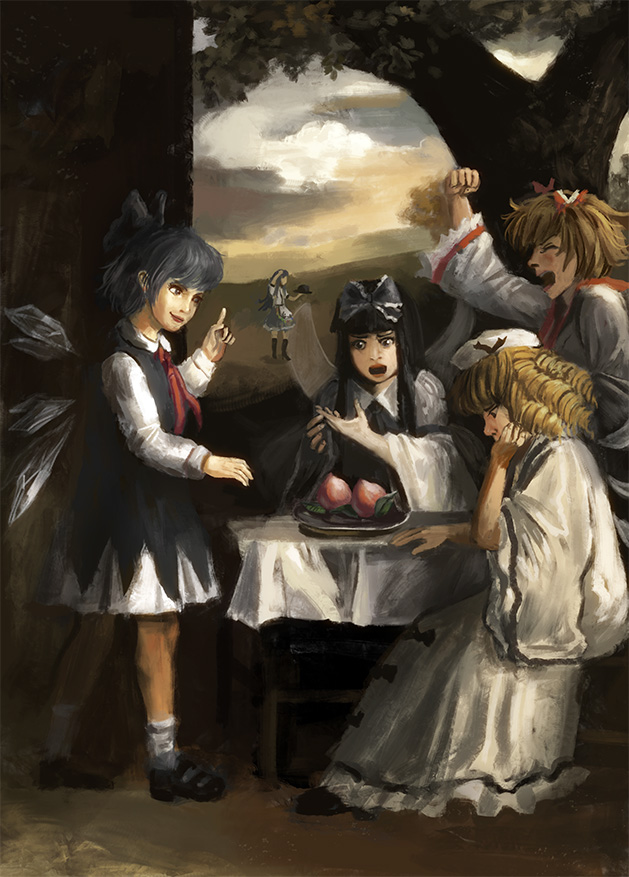 5girls amibazh black_hair blonde_hair blue_bow blue_hair blunt_bangs bow cirno clouds dress drill_hair fairy_wings fine_art_parody flat_chest food fruit full_body hair_bow hat hat_removed headwear_removed hinanawi_tenshi ice ice_wings index_finger_raised long_hair long_sleeves luna_child mary_janes multiple_girls open_mouth outdoors parody peach shoes short_hair star_sapphire sunny_milk surprised table touhou white_dress wide_sleeves wings