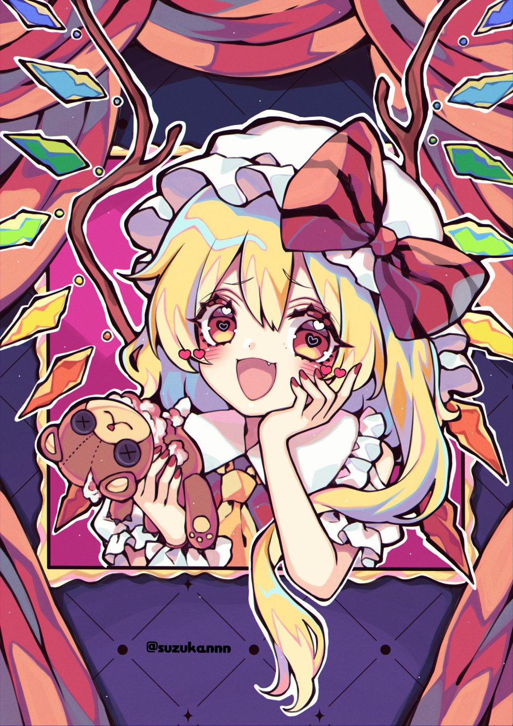 1girl ascot blonde_hair blush collared_shirt crystal fang fingernails flandre_scarlet frilled_shirt_collar frilled_sleeves frills hair_between_eyes hat highres kyouda_suzuka long_hair mob_cap nail_polish open_mouth red_eyes red_nails red_vest shirt short_sleeves side_ponytail smile solo stuffed_animal stuffed_toy teddy_bear touhou twitter_username vest white_headwear white_shirt wings yellow_ascot