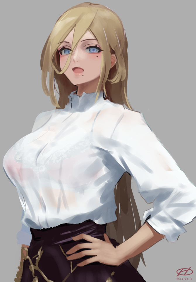 1girl alternate_costume artist_logo black_skirt blonde_hair blue_eyes grey_background hair_between_eyes hand_on_own_hip haruto_(harut_n) kantai_collection long_hair mole mole_under_eye mole_under_mouth one-hour_drawing_challenge richelieu_(kancolle) shirt simple_background skirt solo white_shirt
