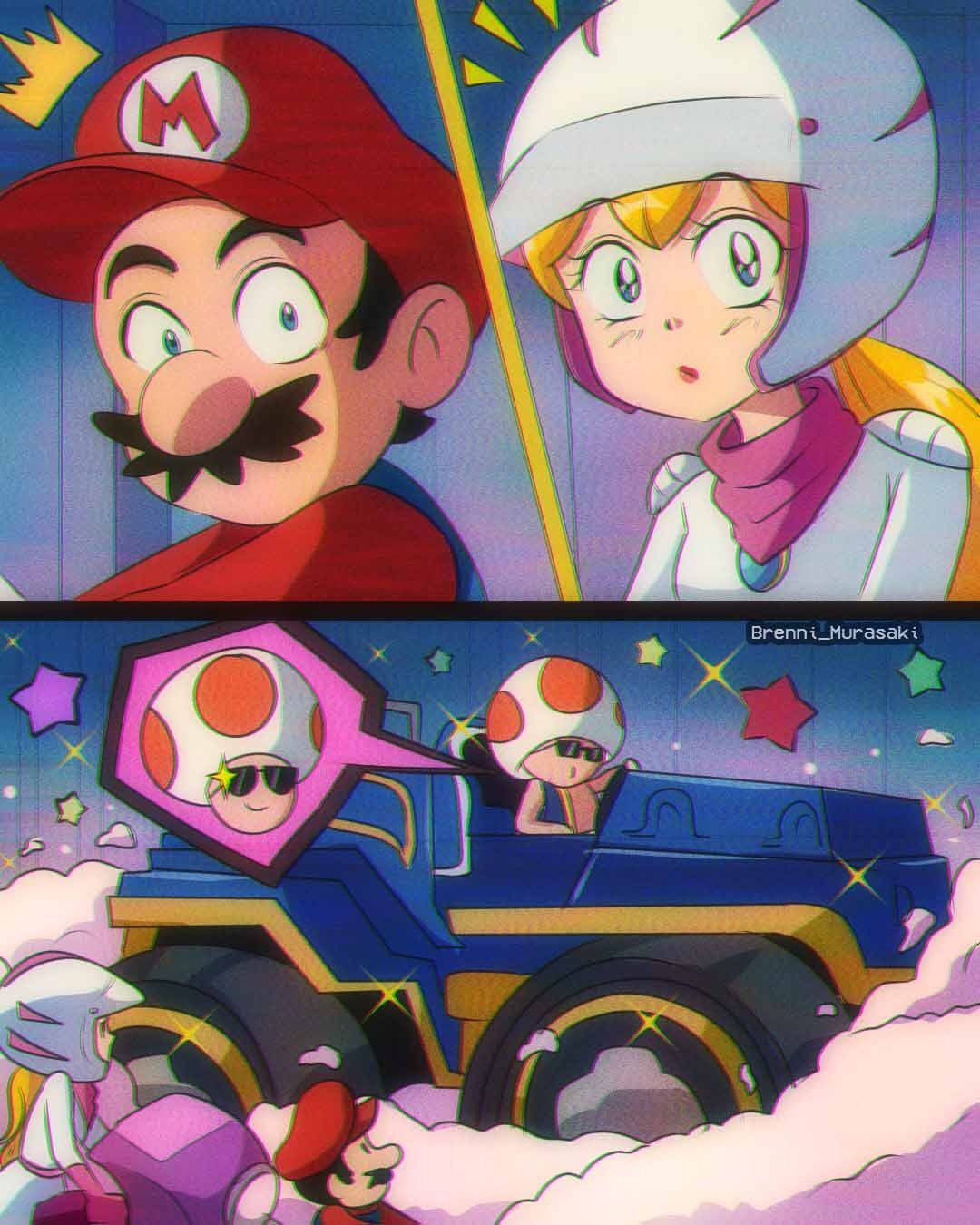 1990s_(style) 1girl 2boys blonde_hair blue_eyes blue_vest brenni_murasaki clip_studio_paint_(medium) closed_mouth commentary facial_hair glint ground_vehicle hat helmet highres lipstick long_hair looking_at_viewer makeup mario motorcycle_helmet multiple_boys mustache ponytail princess_peach red_headwear red_shirt retro_artstyle shirt smile spoken_character sunglasses super_mario_bros. symbol-only_commentary the_super_mario_bros._movie toad_(mario) vest wide-eyed