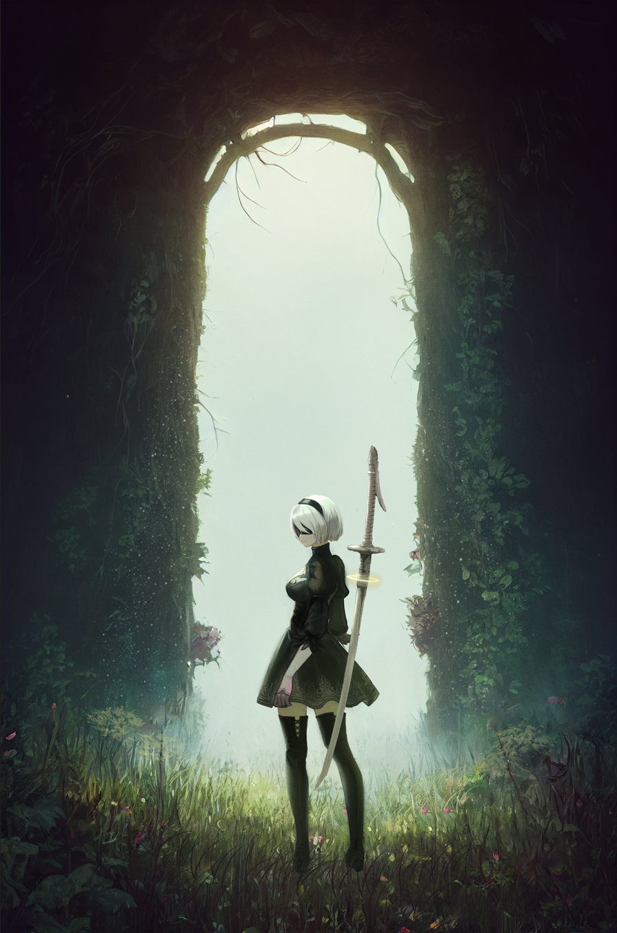 1girl backlighting black_dress black_footwear black_gloves black_hairband boots breasts closed_mouth covered_eyes dress from_behind full_body gloves grass hairband highres looking_back medium_breasts nekowachi_(redsugar0126) nier:automata nier_(series) sheath sheathed short_dress short_hair solo standing sword thigh_boots weapon white_hair yorha_no._2_type_b zettai_ryouiki