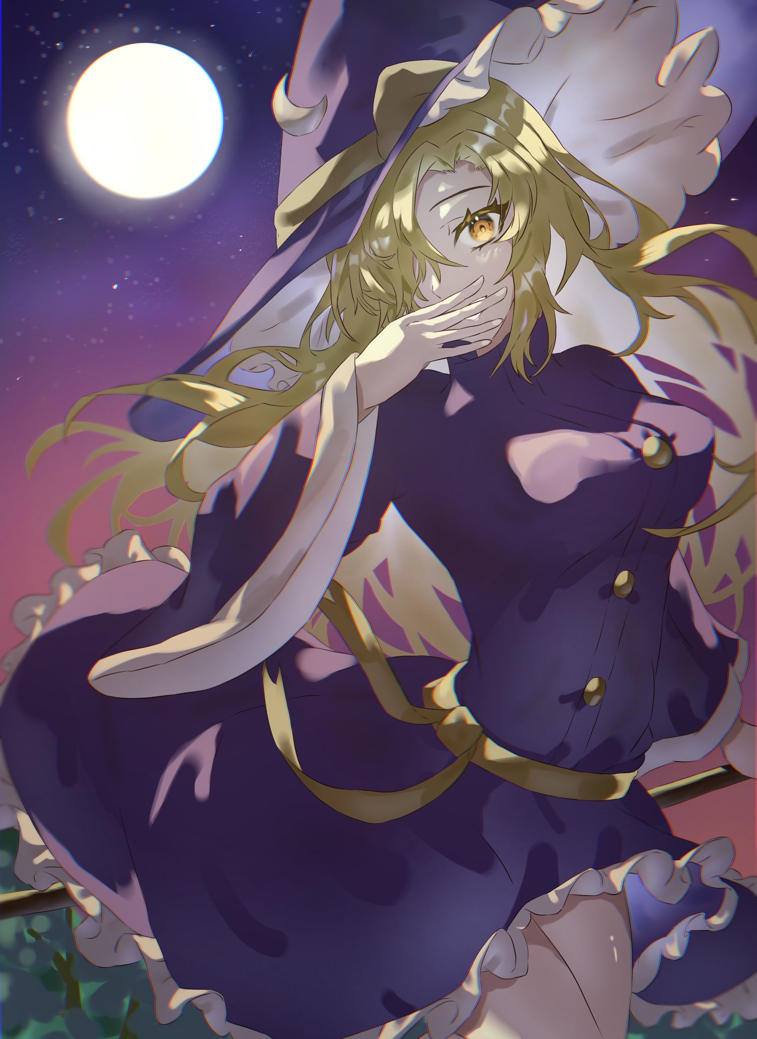 blonde_hair bow buttons covering_mouth crescent dax5f98duyq6wn4 dress frilled_hat frilled_skirt frills full_moon hair_over_one_eye hand_over_own_mouth hat hat_bow highres kirisame_marisa kirisame_marisa_(pc-98) long_hair long_sleeves moon phantasmagoria_of_dim.dream purple_dress purple_headwear ribbon skirt sky smile star_(sky) starry_sky touhou touhou_(pc-98) tree turtleneck wide_sleeves witch_hat yellow_bow yellow_eyes