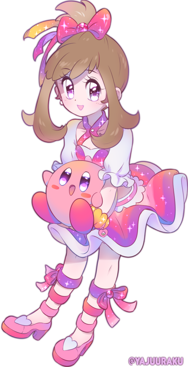 1girl anklet blush bow brown_hair carrying commentary_request crossover earrings eyelashes frills hair_bow high_heels highres jewelry kirby kirby_(series) knees may_(pokemon) open_mouth pink_bow pink_footwear pokemon pokemon_(game) pokemon_oras shirt short_sleeves skirt smile transparent_background violet_eyes watermark white_shirt yajuuraku