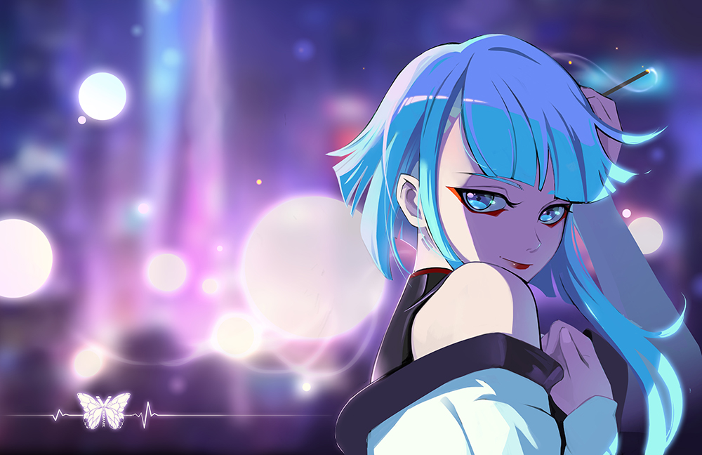 1girl blue_eyes blue_hair blurry blurry_background bug butterfly closed_mouth cyberpunk_(series) cyberpunk_edgerunners lens_flare liuguang_shuiyin looking_at_viewer lucy_(cyberpunk) makeup mascara red_lips short_hair_with_long_locks sidelocks smile solo upper_body