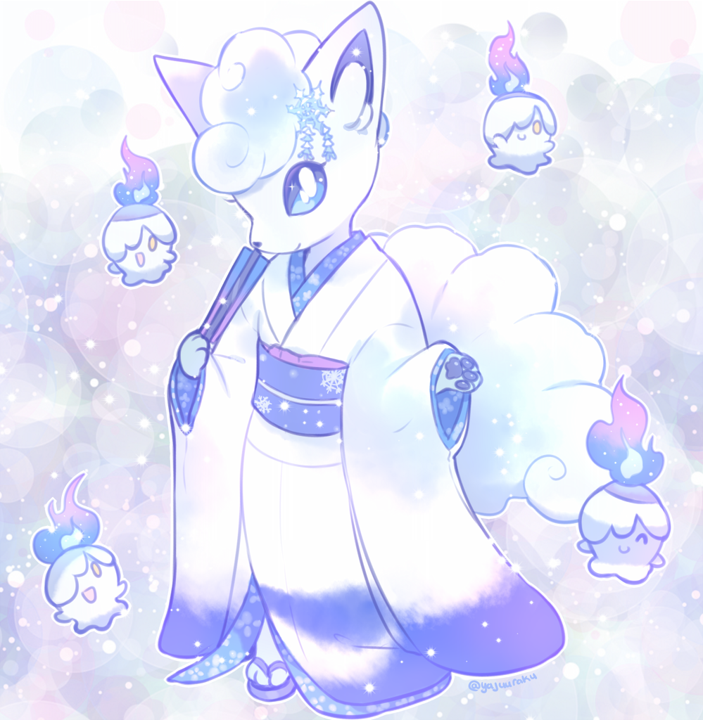 1girl alolan_vulpix blue_eyes blue_fire bright_pupils closed_mouth commentary_request fire flame full_body furry hair_ornament holding japanese_clothes kimono litwick looking_at_viewer outline personification pokemon pokemon_(creature) purple_footwear purple_sash sandals sash smile snowflake_hair_ornament standing watermark white_kimono white_pupils wide_sleeves yajuuraku