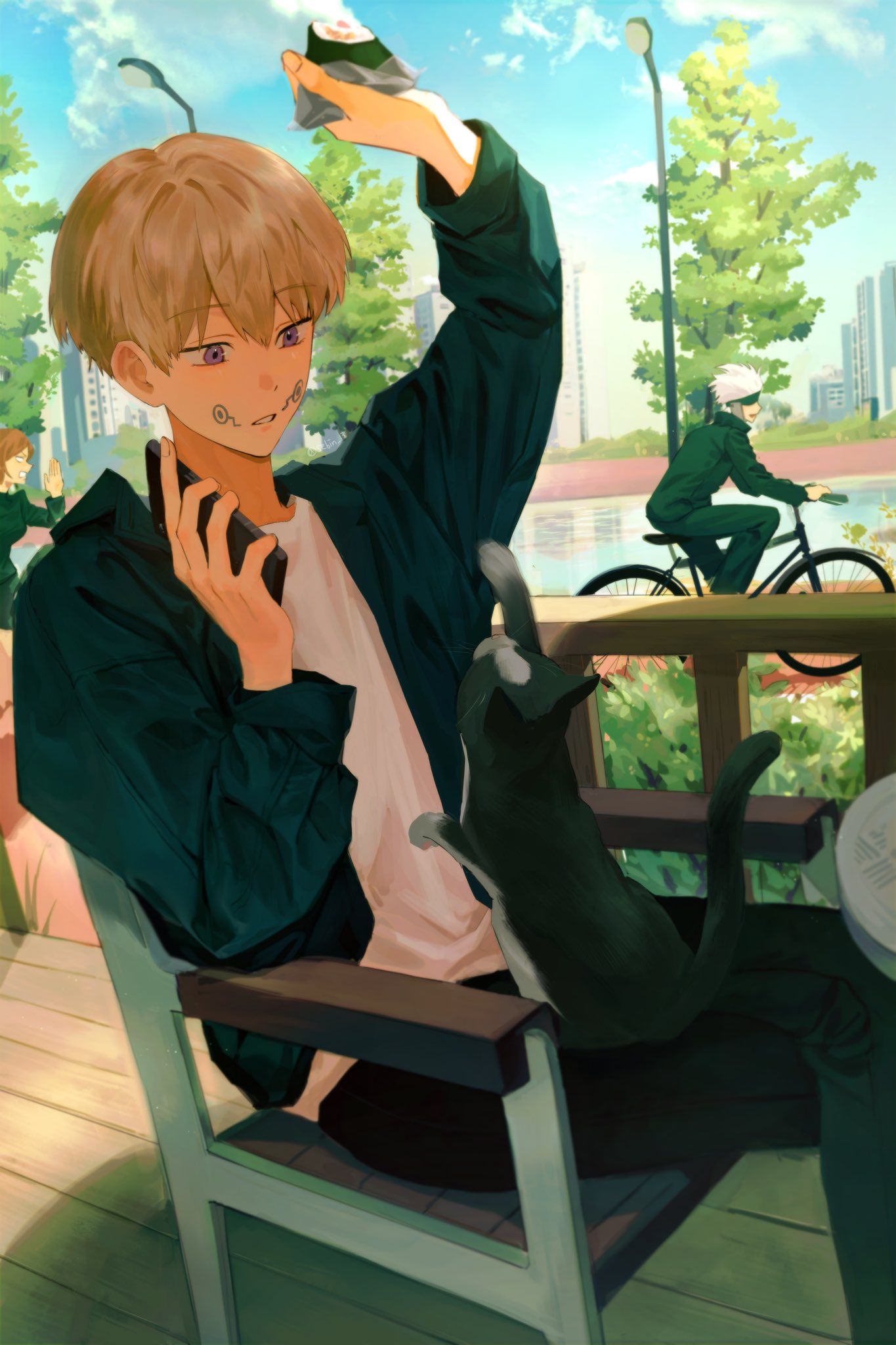 1girl 2boys animal arm_up bicycle black_jacket black_pants blindfold blonde_hair cat cellphone chair cowboy_shot crossed_legs day facial_tattoo food gojou_satoru ground_vehicle hand_up highres holding holding_phone inumaki_toge jacket jujutsu_kaisen kugisaki_nobara lamppost multiple_boys onigiri outdoors pants parted_lips phone riding riding_bicycle sebin_13 shirt short_hair sitting smartphone tattoo tree violet_eyes white_hair white_shirt