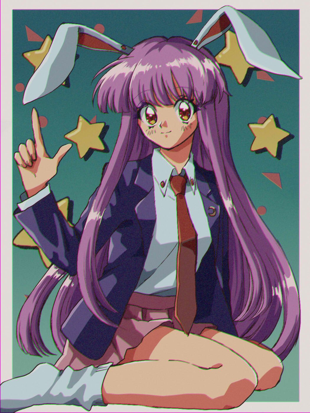 1girl animal_ears black_jacket blazer blue_background blunt_bangs blush border breasts closed_mouth collared_shirt commentary_request crescent crescent_pin finger_gun full_body highres jacket long_hair long_sleeves looking_at_viewer medium_bangs medium_breasts miniskirt necktie pink_skirt purple_hair rabbit_ears rabbit_girl red_necktie reisen_udongein_inaba retro_artstyle sabakan13579 shirt sidelocks sitting skirt smile socks solo star_(symbol) touhou very_long_hair wariza white_border white_shirt white_socks