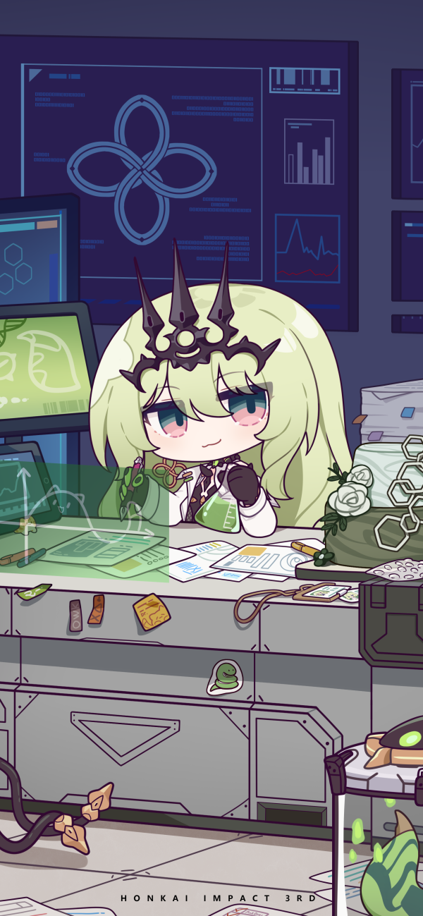 1girl black_gloves black_headwear breasts cake chibi chinese_commentary crown earrings evil_smile food gloves green_hair hair_between_eyes highres holding holding_pencil honkai_(series) honkai_impact_3rd id_card infinity jewelry lab_coat long_hair mobius_(honkai_impact) official_art official_wallpaper paper pencil screen sitting small_breasts smile smirk solo sticker tablet_pc white_sleeves