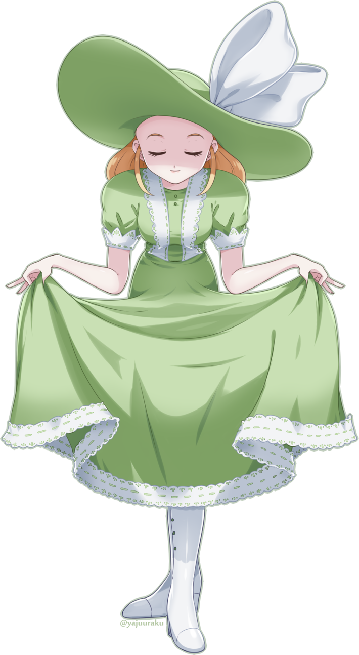 1girl blonde_hair bow closed_eyes closed_mouth clothes_lift commentary_request curtsey dress dress_lift eyelashes full_body green_dress green_headwear hat hat_bow highres lady_(pokemon) lifted_by_self long_hair pokemon pokemon_(game) pokemon_rse short_sleeves smile solo standing sun_hat transparent_background watermark white_bow white_footwear yajuuraku