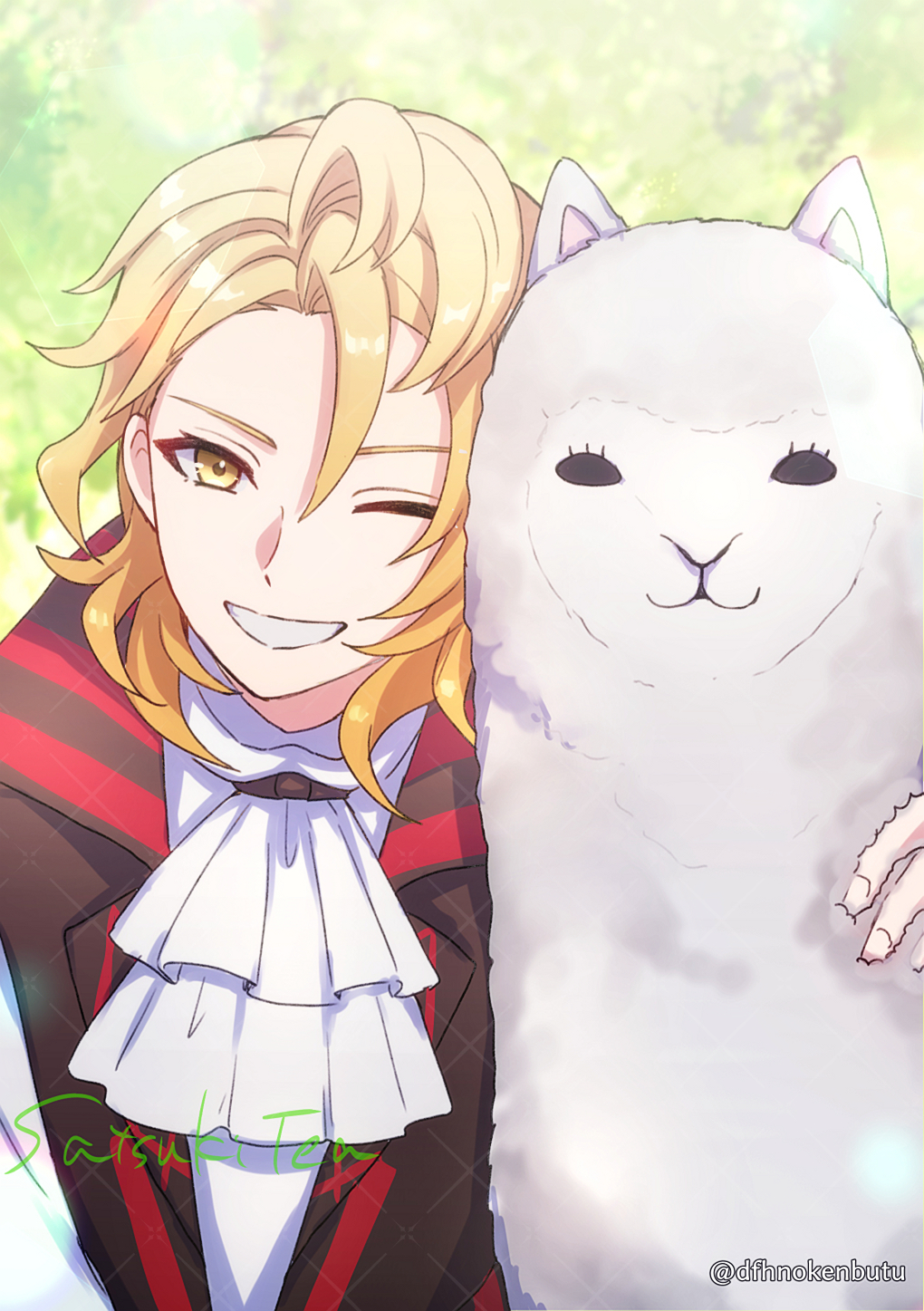 1boy alpaca amber_(fire_emblem) animal ascot blonde_hair dfhnokenbutu fire_emblem fire_emblem_engage grin highres looking_at_viewer one_eye_closed shirt short_hair smile solo white_ascot yellow_eyes