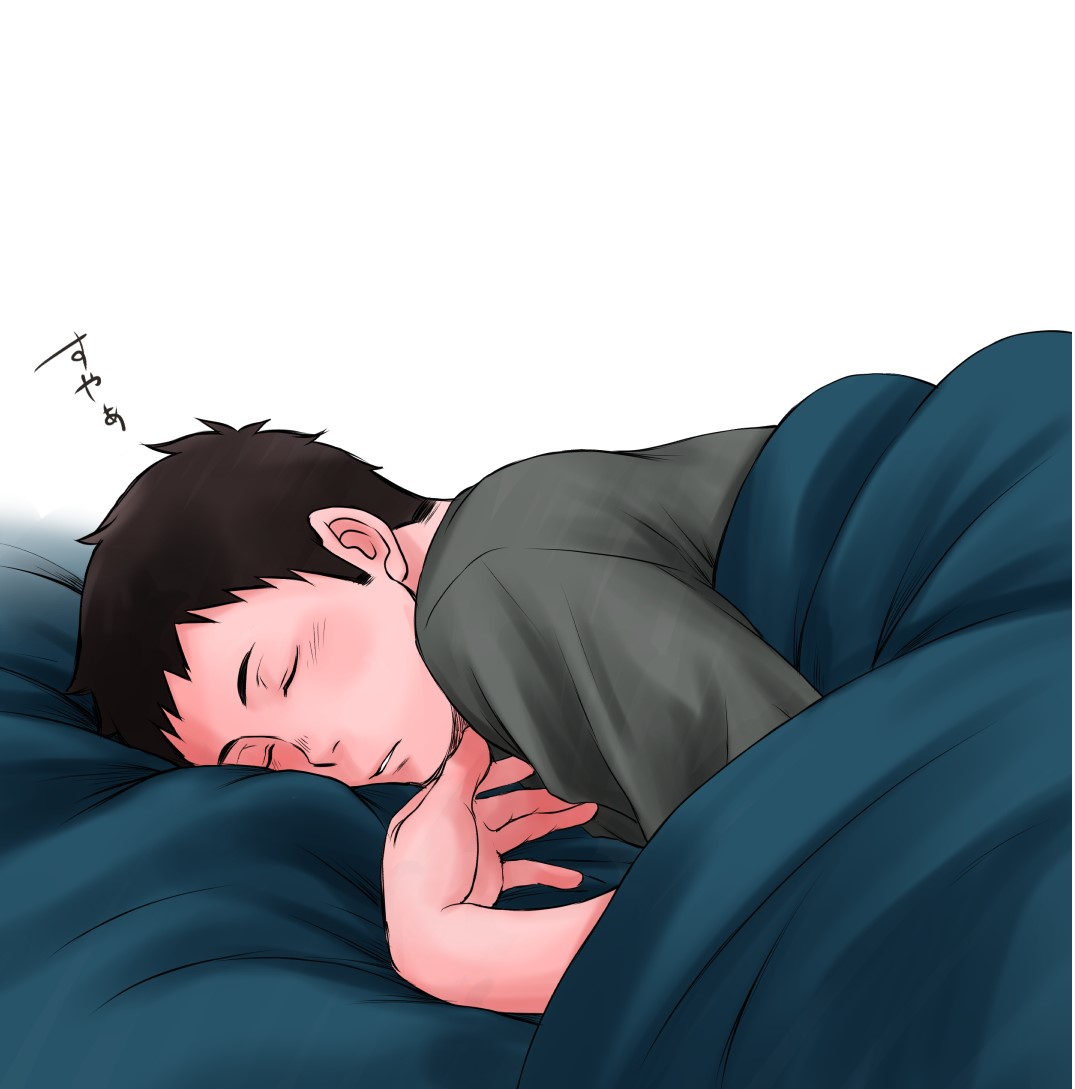 1boy bed blanket brown_eyes brown_hair closed_eyes haikyuu!! lying male_focus on_bed on_stomach pon_kan sawamura_daichi short_hair simple_background sleeping solo sound_effects translated white_background