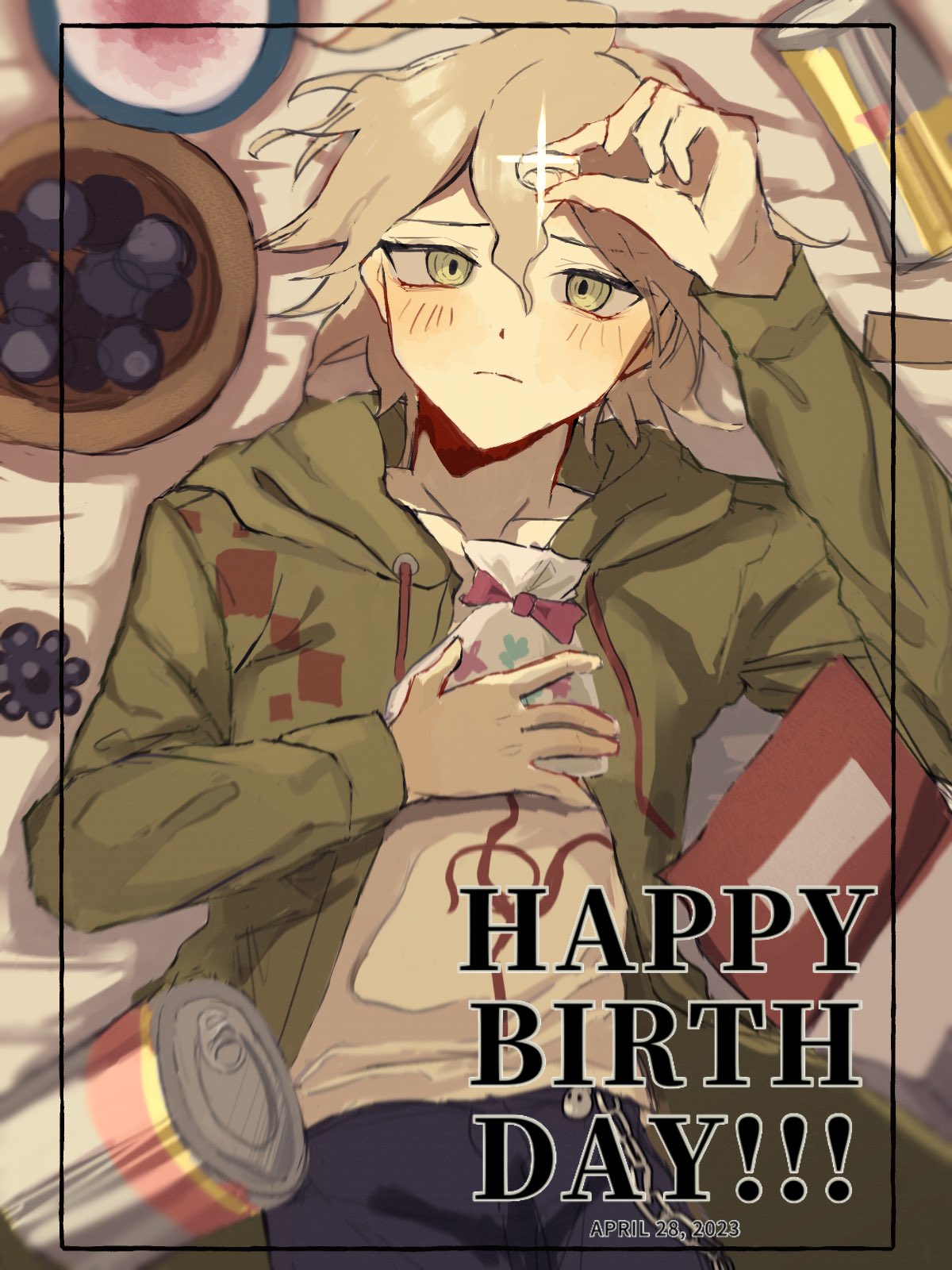 1boy ahoge bag blush bow bowl brown_eyes can collarbone danganronpa_(series) danganronpa_2:_goodbye_despair dated green_jacket grey_hair grey_shirt hair_between_eyes happy_birthday highres holding holding_bag holding_jewelry holding_ring iramarukas jacket jewelry komaeda_nagito looking_up medium_hair open_clothes open_jacket pants pink_bow print_shirt ring shirt solo