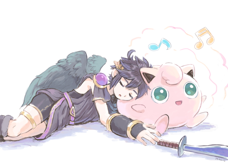 1boy angel angel_wings black_hair closed_eyes dark_pit green_eyes jigglypuff kid_icarus kid_icarus_uprising laurel_crown male_focus musical_note nopepe open_mouth pokemon pokemon_(creature) simple_background sleeping smile super_smash_bros. white_background wings