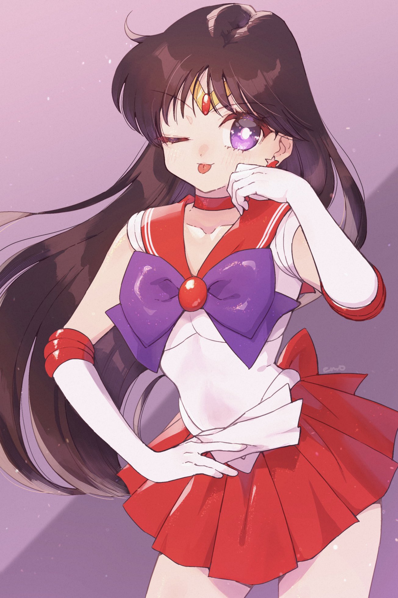 1girl ;p back_bow bishoujo_senshi_sailor_moon black_hair bow bowtie brooch choker circlet collarbone earrings elbow_gloves gem gloves heart_brooch highres jewelry long_hair miniskirt ofuda one_eye_closed pleated_skirt purple_bow purple_bowtie red_bow red_choker red_gemstone red_sailor_collar red_skirt sailor_collar sailor_mars shirt short_sleeves simple_background skirt smile solo star_(symbol) star_earrings tongue tongue_out violet_eyes white_gloves white_shirt yyemoyy