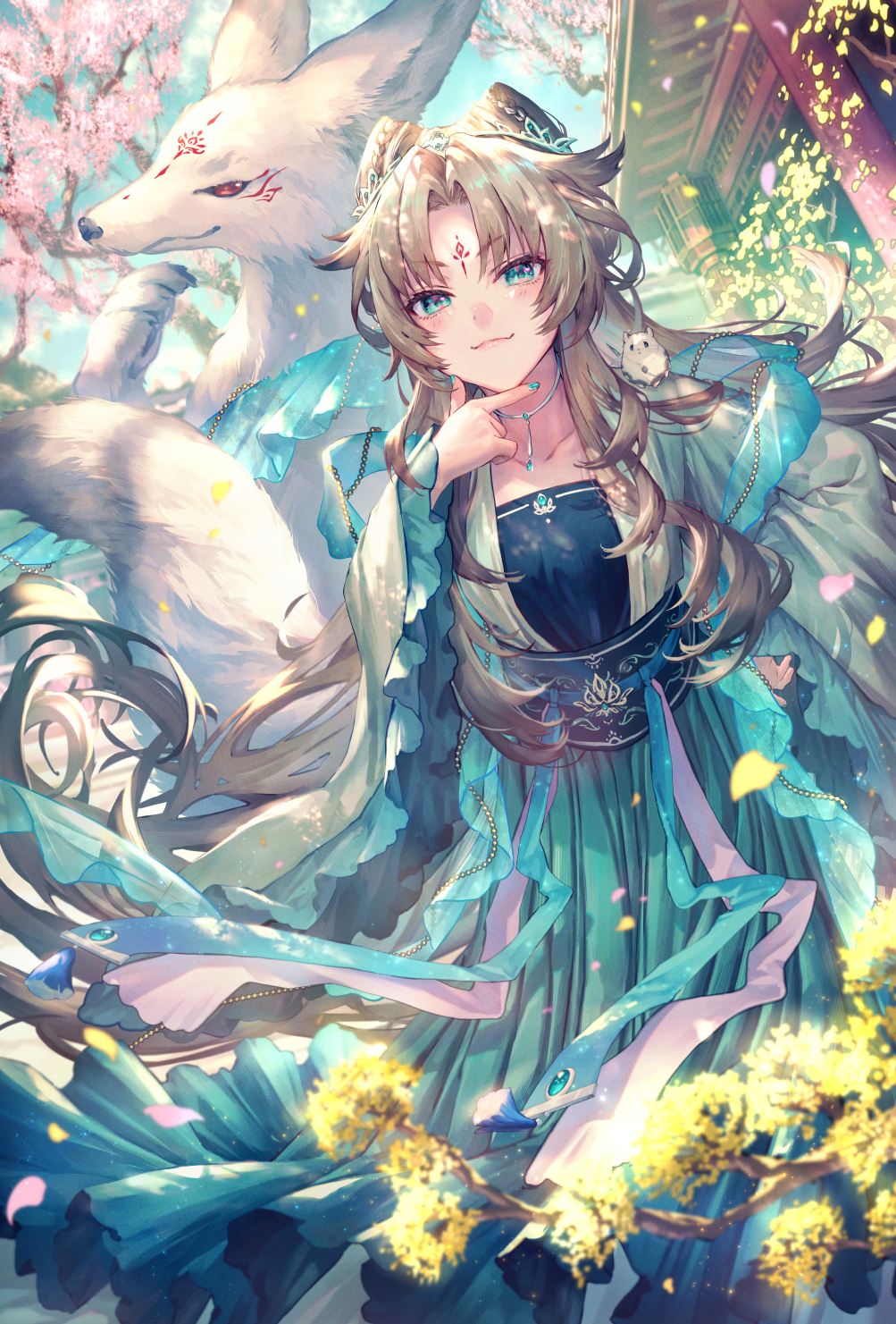 1girl animal_ears blue_eyes branch brown_hair cherry_blossoms clouds cloudy_sky falling_petals finger_to_own_chin fox fox_ears highres jewelry long_hair looking_at_viewer necklace original parted_bangs petals pillar shigaraki_(strobe_blue) sky smile temple
