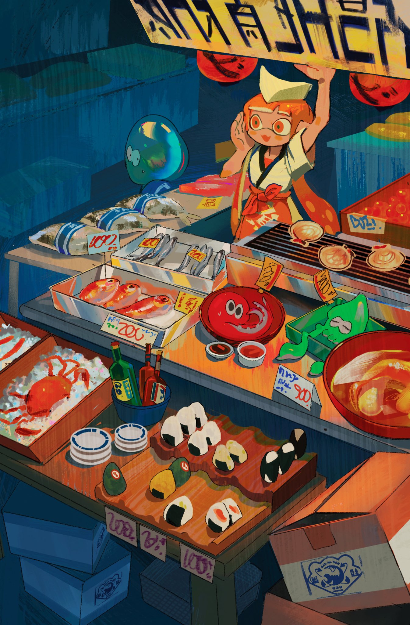 1girl arm_up bigskycastle bottle box calling cardboard_box character_request crab fish food food_stand highres ice inkling inkling_girl japanese_clothes jellyfish_(splatoon) lantern octopus open_mouth orange_eyes paper_lantern price_tag redhead seafood seashell shell short_sleeves smile splatoon_(series) squid sushi