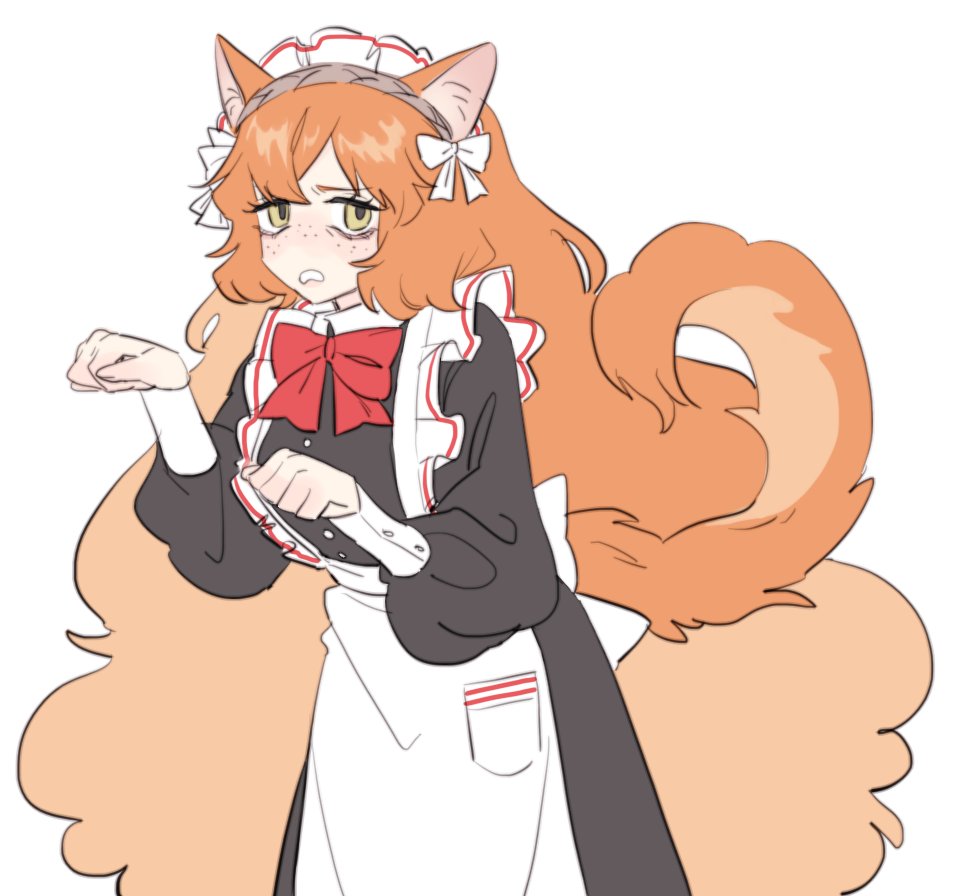 1girl animal_ears apron black_dress bow bowtie cat_ears cat_tail ch_isms2 disgust dress freckles frown hairband ishmael_(limbus_company) limbus_company long_sleeves looking_at_viewer maid orange_hair paw_pose pocket project_moon puffy_long_sleeves puffy_sleeves red_bow red_bowtie simple_background solo tail white_apron white_background white_bow white_hairband