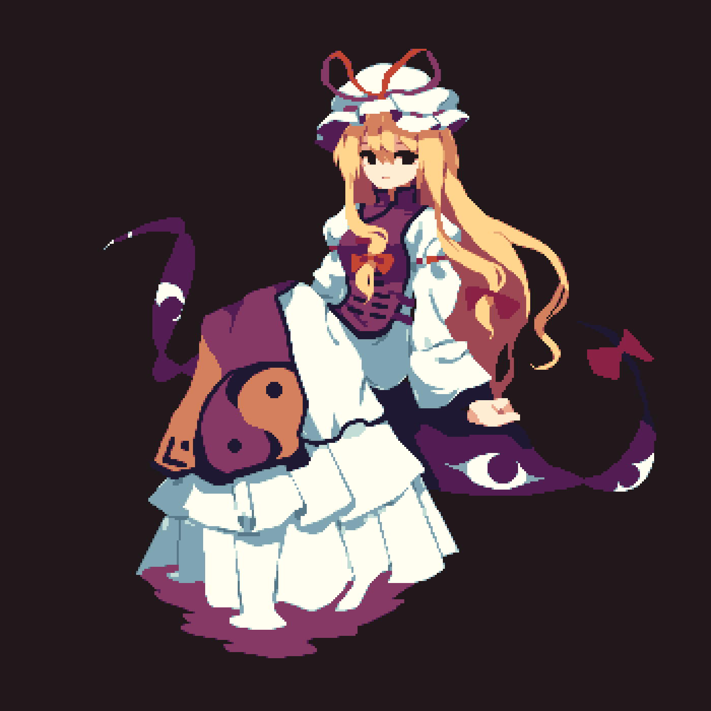 1girl 4qw5 black_background black_eyes blonde_hair closed_mouth commentary dress english_commentary full_body gap_(touhou) hat highres long_hair long_sleeves looking_at_viewer mob_cap pixel_art simple_background solo tabard touhou white_dress white_headwear yakumo_yukari
