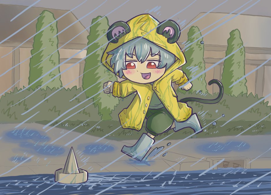 2girls animal_ears blush boots coat commentary_request drddrddo ears_through_hood full_body green_shorts grey_hair hood hood_up hooded_coat it_(stephen_king) long_sleeves medium_bangs mouse_ears mouse_girl mouse_tail multiple_girls nazrin nyon_(cookie) open_mouth outdoors paper_boat puddle rain raincoat red_eyes rubber_boots running short_hair shorts sidewalk smile solo_focus storm_drain tail touhou water yellow_coat yellow_raincoat yuuhi_(cookie)