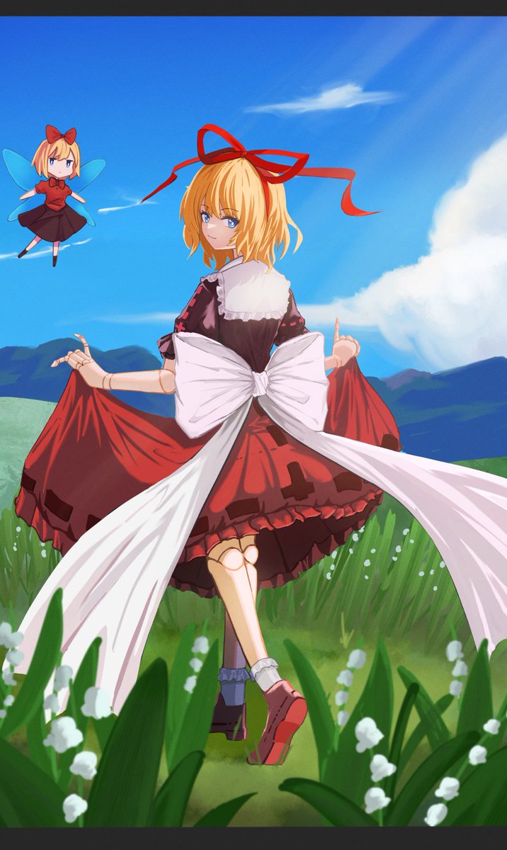 2girls black_shirt blonde_hair blue_eyes blue_sky bow closed_mouth clothes_lift clouds commentary doll_joints flower grass hair_bow hair_ribbon highres joints letterboxed lifted_by_self lily_of_the_valley looking_at_viewer looking_back medicine_melancholy mountainous_horizon multiple_girls nienenenen outdoors red_bow red_footwear red_ribbon red_skirt ribbon shirt short_hair short_sleeves skirt skirt_lift sky socks su-san touhou white_socks wings