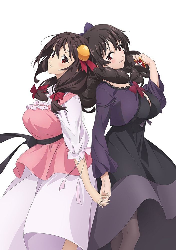 2girls artist_request arue_(konosuba) back-to-back belt black_belt black_dress black_hair black_pantyhose bow braid breasts brown_hair casual crown_braid dress dress_bow drill_hair eyepatch eyepatch_removed feet_out_of_frame floating_clothes frilled_dress frills from_side hair_between_eyes hair_bow hair_ornament hair_over_shoulder hand_grab holding_eyepatch kono_subarashii_sekai_ni_bakuen_wo! kono_subarashii_sekai_ni_shukufuku_wo! large_breasts light_smile long_hair long_sleeves looking_at_viewer looking_to_the_side multiple_girls non-web_source official_art pantyhose parted_lips pink_dress promotional_art purple_bow purple_shirt red_bow red_eyes red_pupils red_ribbon ribbon shirt shrug_(clothing) side_drill sidelocks simple_background smile standing white_background yunyun_(konosuba)